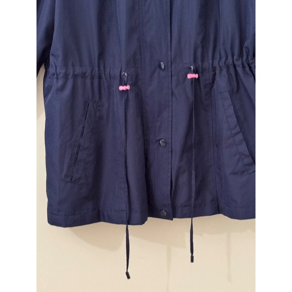 Kim Rogers Women's Navy Hooded Rain Jacket Pink Stripe Lined Drawstring XXL Coat